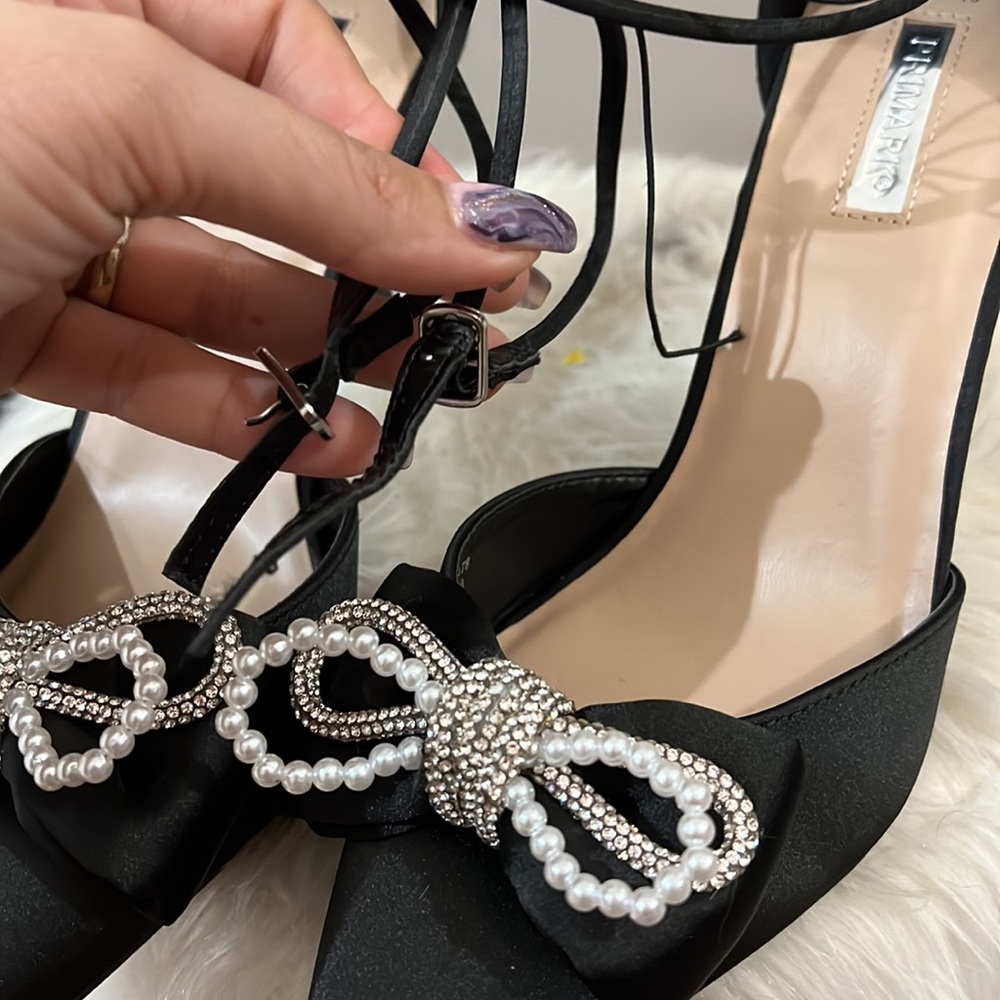 Size 10 BNWT DRESS BLACK BOWTIE RHINESTONE PEARL HEELS - Picture 11 of 11